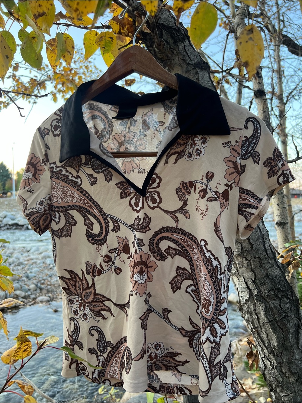 Women's Beige Floral Paisley Polo Shirt with Black Collar